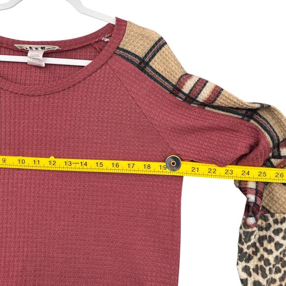 Love Kuza Pink Round Neck‎ Waffle Fabric Mixed Media Plaid Leopard Top Womens XL - Picture 5 of 6